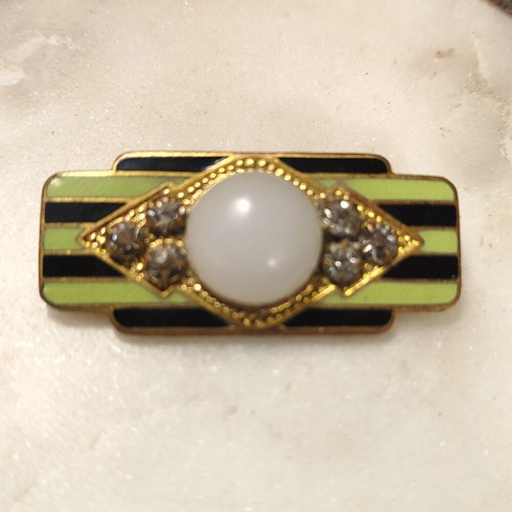 Vintage Art Deco Classic Clear Enamel Rhinestone Brooch Pin Green Black C Clasp